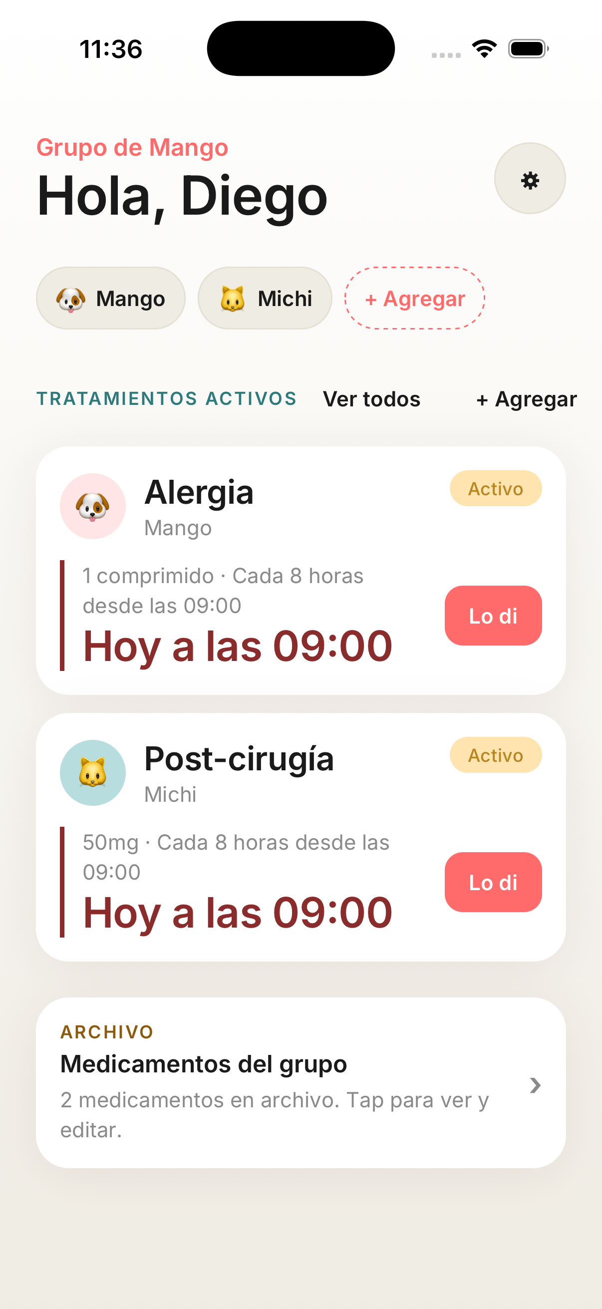 Pantalla de Laki mostrando los tratamientos activos de Mango y Michi, con botón 'Lo di' para marcar cada dosis.