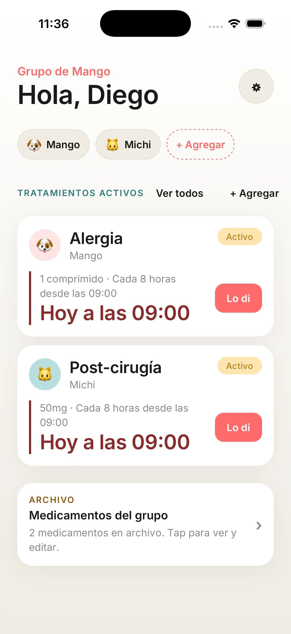 Pantalla de Laki mostrando los tratamientos activos de Mango y Michi, con botón 'Lo di' para marcar cada dosis.