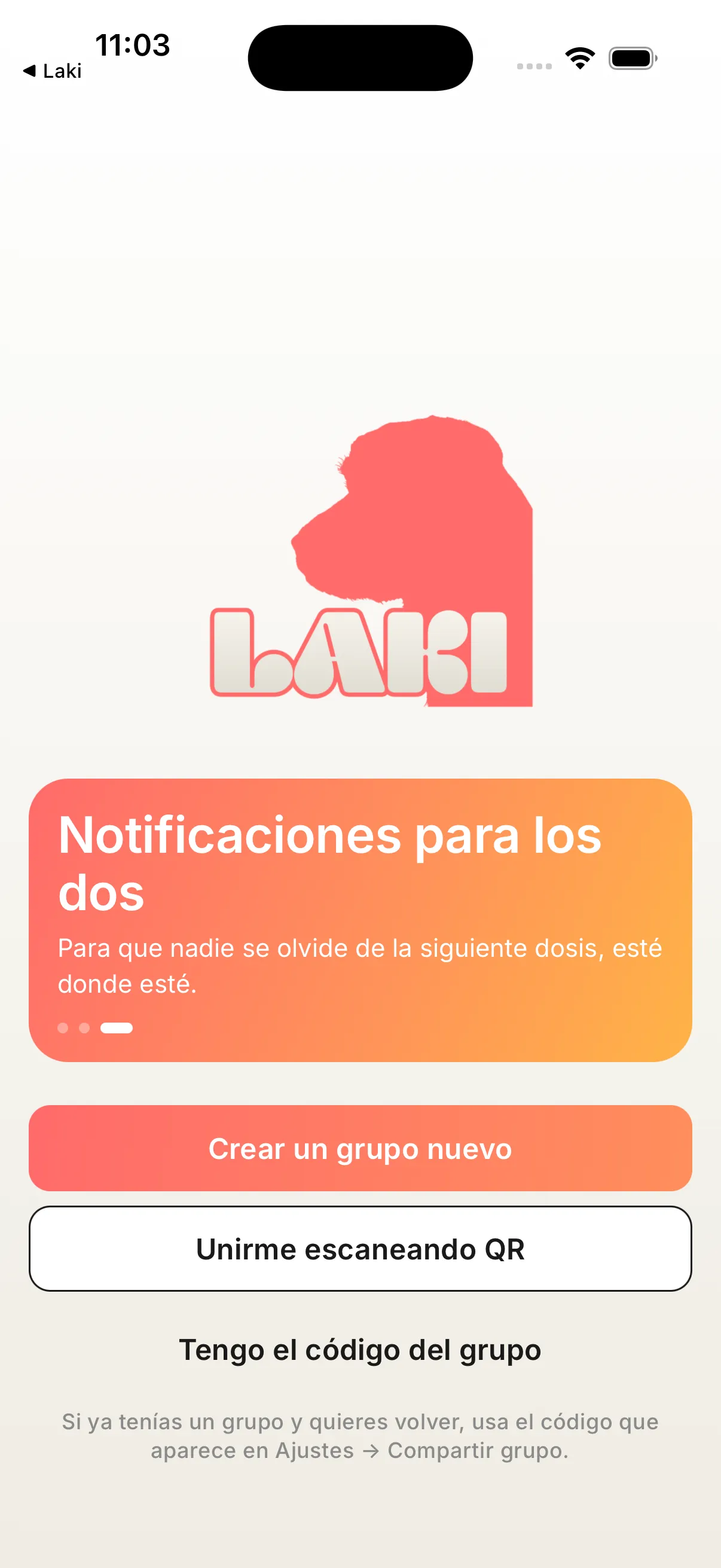 Pantalla de bienvenida de Laki con el botón 'Crear un grupo nuevo' y 'Unirme escaneando QR'.